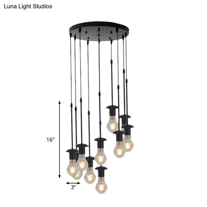 Iron Exposed Bulb Drapes Ceiling Light Loft Pendant Lighting - Black, 5/10 Heads Bistro Multi Light, Round/Linear Canopy