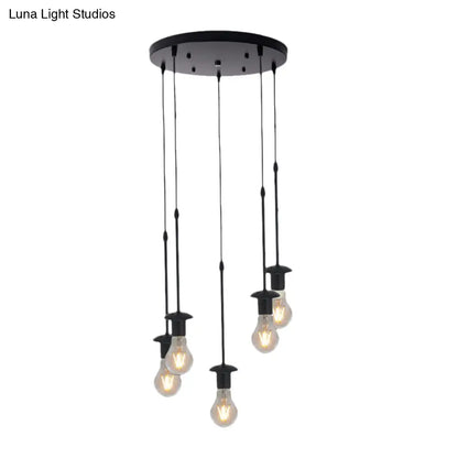 Iron Exposed Bulb Drapes Ceiling Light Loft Pendant Lighting - Black, 5/10 Heads Bistro Multi Light, Round/Linear Canopy