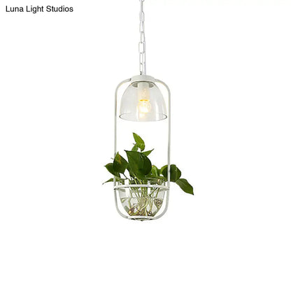 Iron Hanging Farmhouse LED Pendant Lamp in Black/White/Gold with Warm/White Lighting and Plant Pot