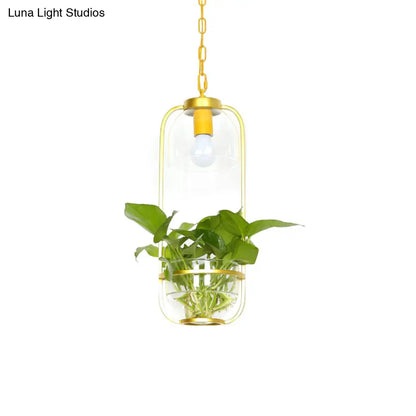 Iron Hanging Farmhouse LED Pendant Lamp in Black/White/Gold with Warm/White Lighting and Plant Pot