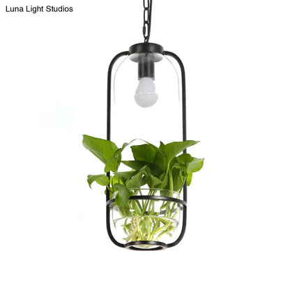 Iron Hanging Farmhouse LED Pendant Lamp in Black/White/Gold with Warm/White Lighting and Plant Pot