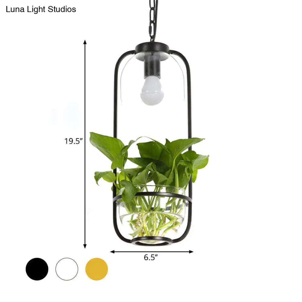 Iron Hanging Farmhouse LED Pendant Lamp in Black/White/Gold with Warm/White Lighting and Plant Pot