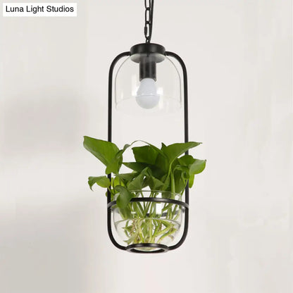 Iron Hanging Farmhouse LED Pendant Lamp in Black/White/Gold with Warm/White Lighting and Plant Pot