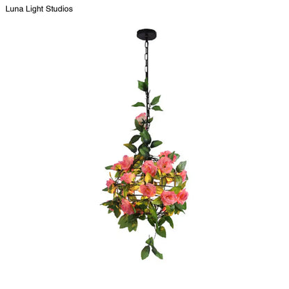 Iron Hanging Pendant Light with Artificial Plant - Industrial Globe Ceiling Fixture