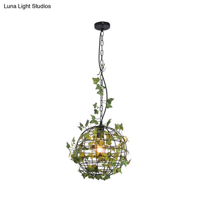 Iron Hanging Pendant Light with Artificial Plant - Industrial Globe Ceiling Fixture