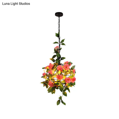 Iron Hanging Pendant Light with Artificial Plant - Industrial Globe Ceiling Fixture