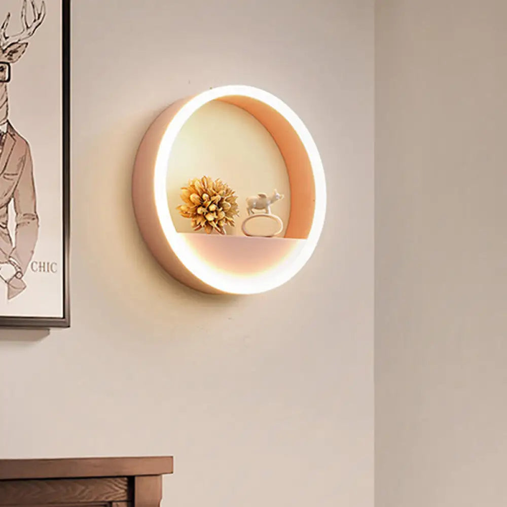 DecorBites™ Iron Hoop Flush Mount Wall Light: Macaron Pink/Blue, 12"/16" Wide LED Sconce with Storage Rack – Warm/White Light