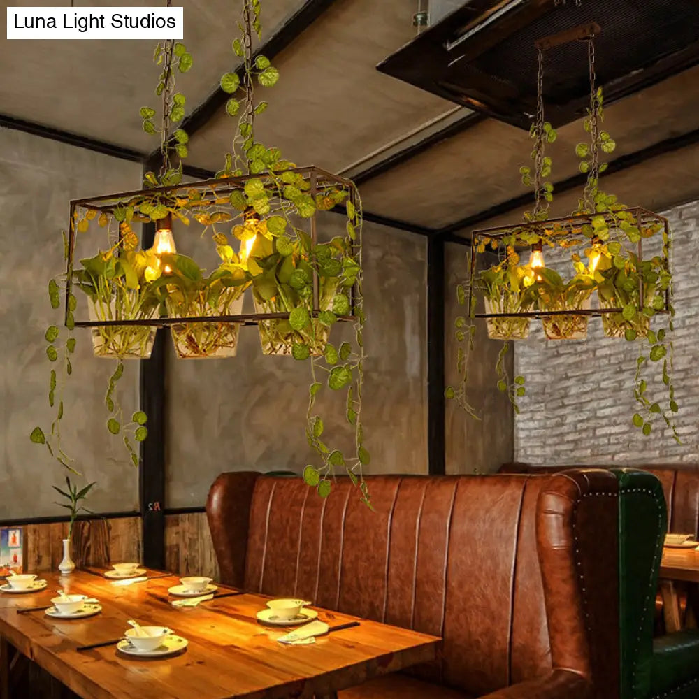 DecorBites™ Iron Industrial 2-Head Black Island Pendant Light with Potted Plant - Rectangular Design