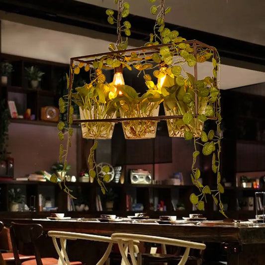 DecorBites™ Iron Industrial 2-Head Black Island Pendant Light with Potted Plant - Rectangular Design