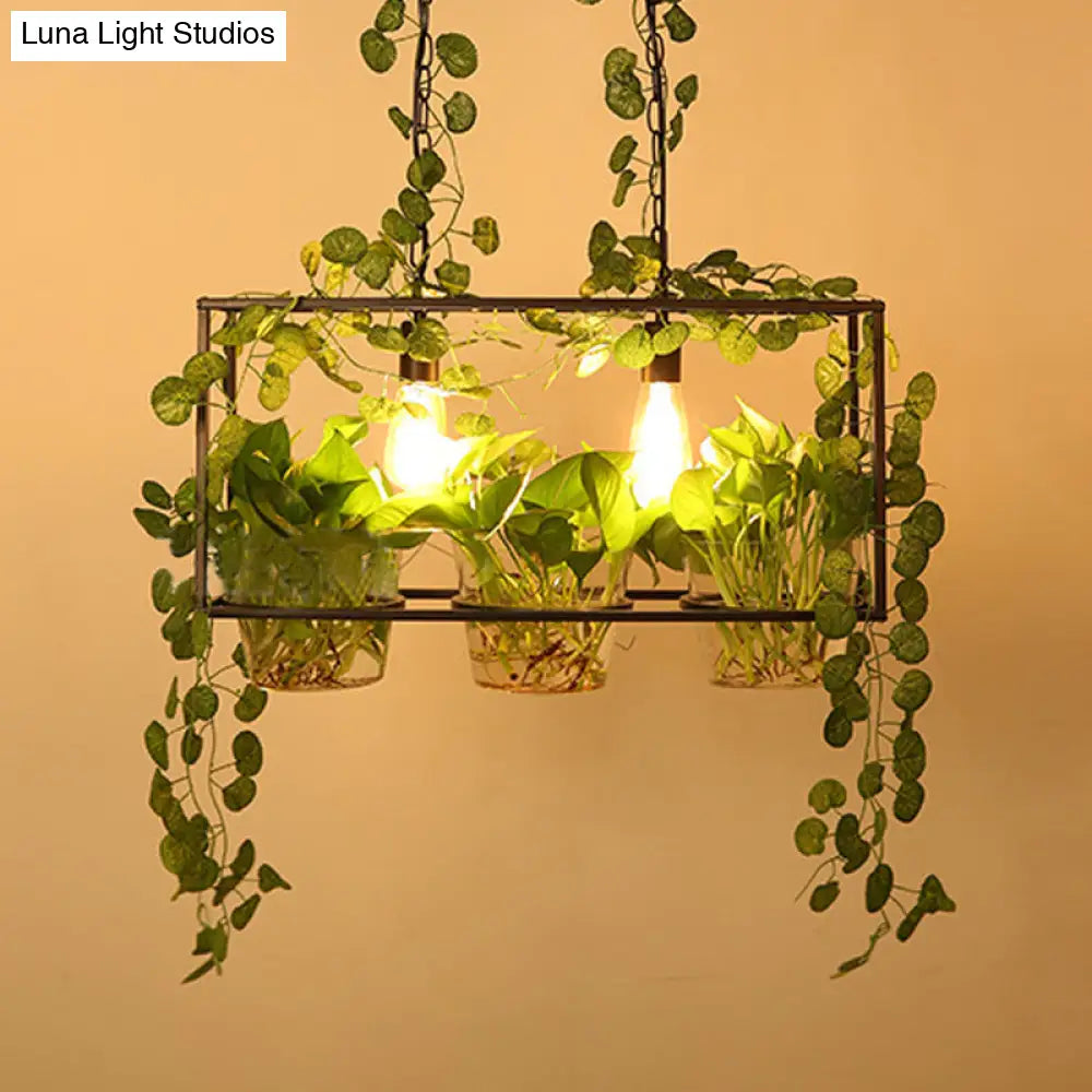 DecorBites™ Iron Industrial 2-Head Black Island Pendant Light with Potted Plant - Rectangular Design