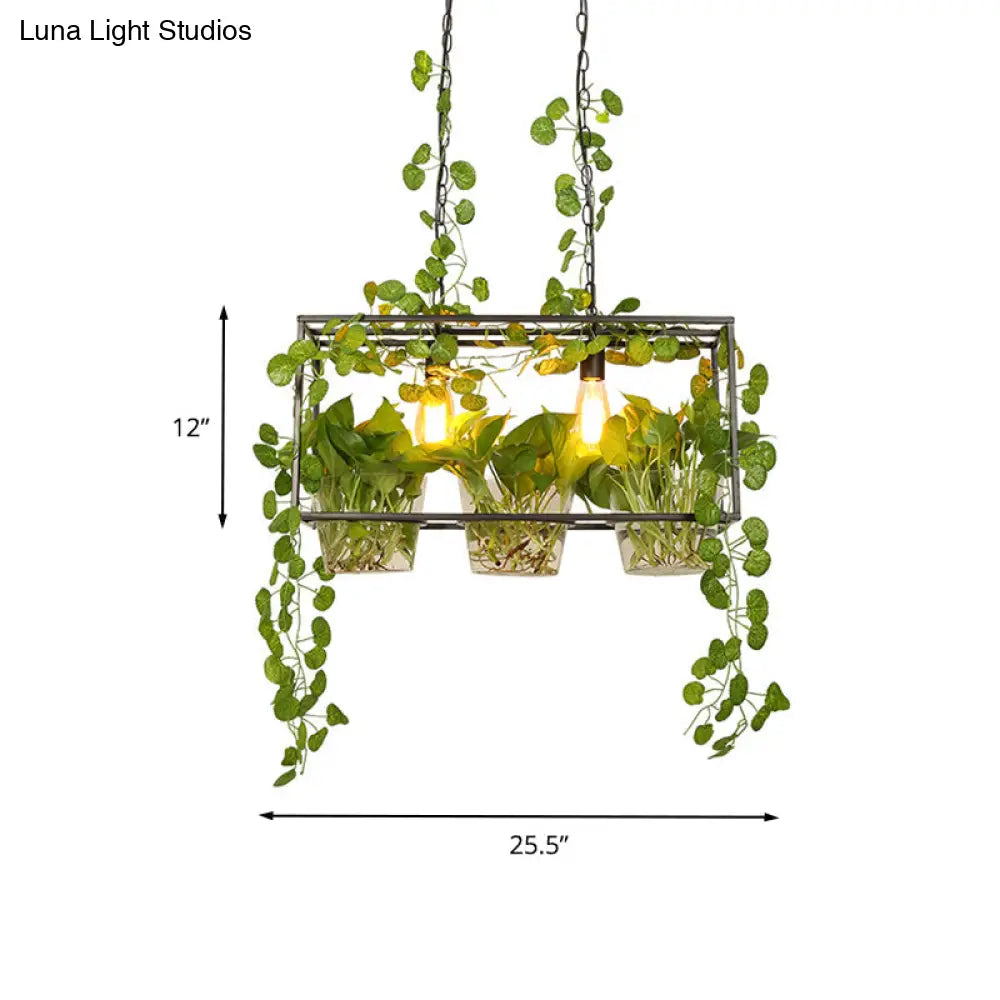 DecorBites™ Iron Industrial 2-Head Black Island Pendant Light with Potted Plant - Rectangular Design