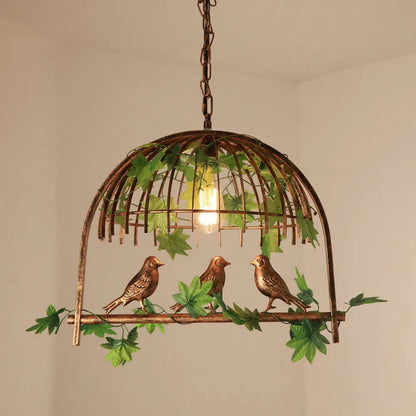 Iron Industrial Bird Cage Pendant Light with Ivy Decor in Rust for Restaurant