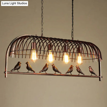 Iron Industrial Bird Cage Pendant Light with Ivy Decor in Rust for Restaurant