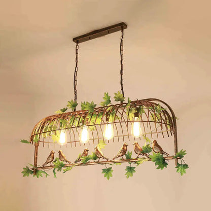 Iron Industrial Bird Cage Pendant Light with Ivy Decor in Rust for Restaurant