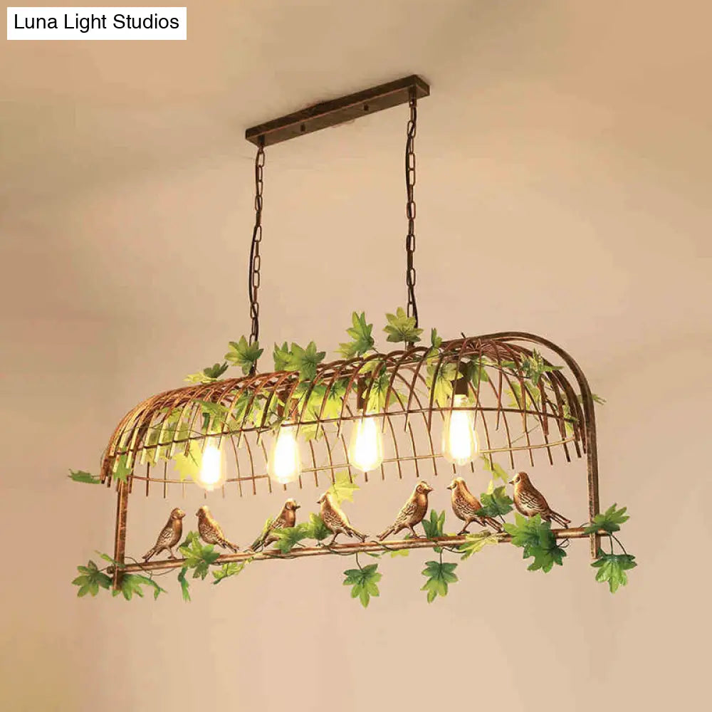 Iron Industrial Bird Cage Pendant Light with Ivy Decor in Rust for Restaurant