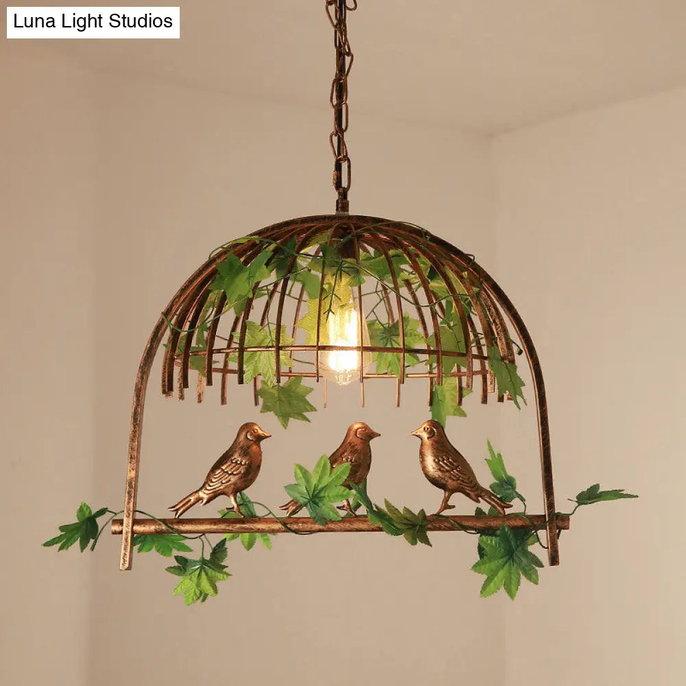 Iron Industrial Bird Cage Pendant Light with Ivy Decor in Rust for Restaurant