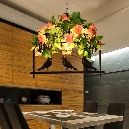 DecorBites™ Iron Industrial Birdcage Island Pendant with Down Lighting and Rose Decoration - Black Finish