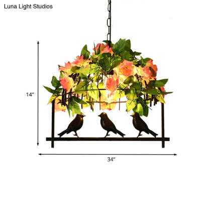 DecorBites™ Iron Industrial Birdcage Island Pendant with Down Lighting and Rose Decoration - Black Finish