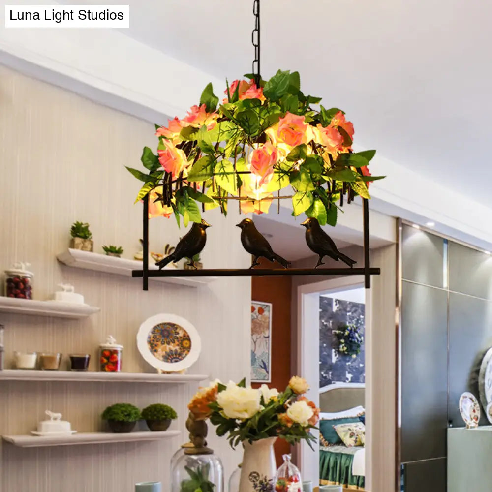 DecorBites™ Iron Industrial Birdcage Island Pendant with Down Lighting and Rose Decoration - Black Finish