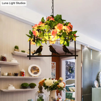 DecorBites™ Iron Industrial Birdcage Island Pendant with Down Lighting and Rose Decoration - Black Finish