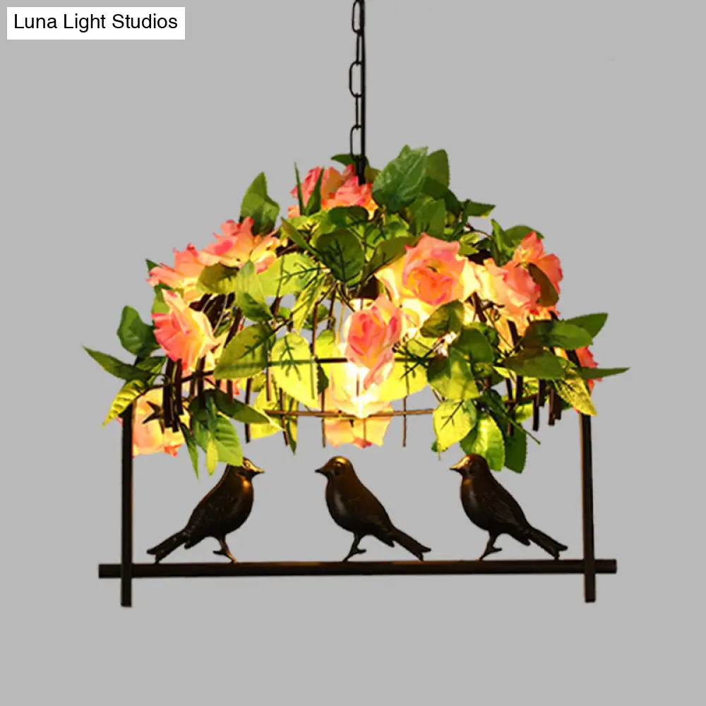 DecorBites™ Iron Industrial Birdcage Island Pendant with Down Lighting and Rose Decoration - Black Finish