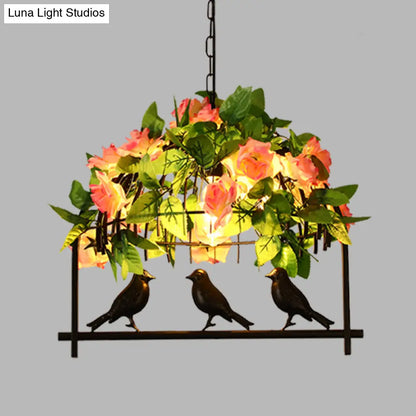 DecorBites™ Iron Industrial Birdcage Island Pendant with Down Lighting and Rose Decoration - Black Finish
