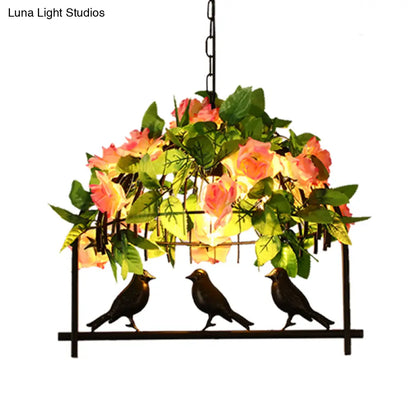 DecorBites™ Iron Industrial Birdcage Island Pendant with Down Lighting and Rose Decoration - Black Finish