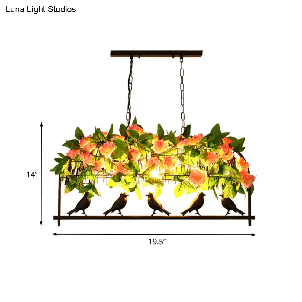 DecorBites™ Iron Industrial Birdcage Island Pendant with Down Lighting and Rose Decoration - Black Finish