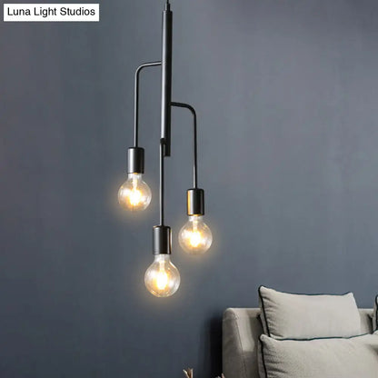 Iron Industrial Chandelier Pendant Light with Black Bare Bulb - 3 Heads Hanging Lamp for Living Room