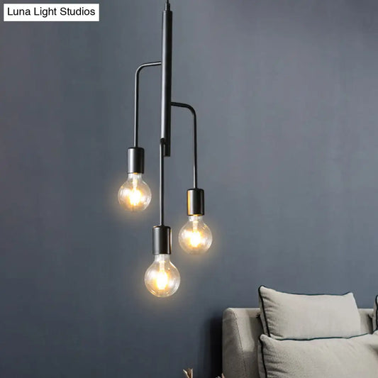 Iron Industrial Chandelier Pendant Light with Black Bare Bulb - 3 Heads Hanging Lamp for Living Room
