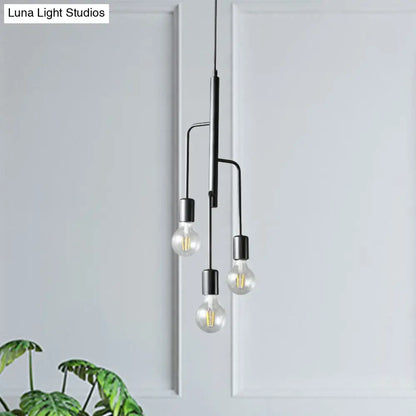 Iron Industrial Chandelier Pendant Light with Black Bare Bulb - 3 Heads Hanging Lamp for Living Room