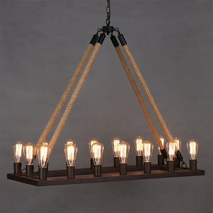 Iron Industrial Chandelier with 16 Rectangular Lights and Hemp Rope in Black for Cafes