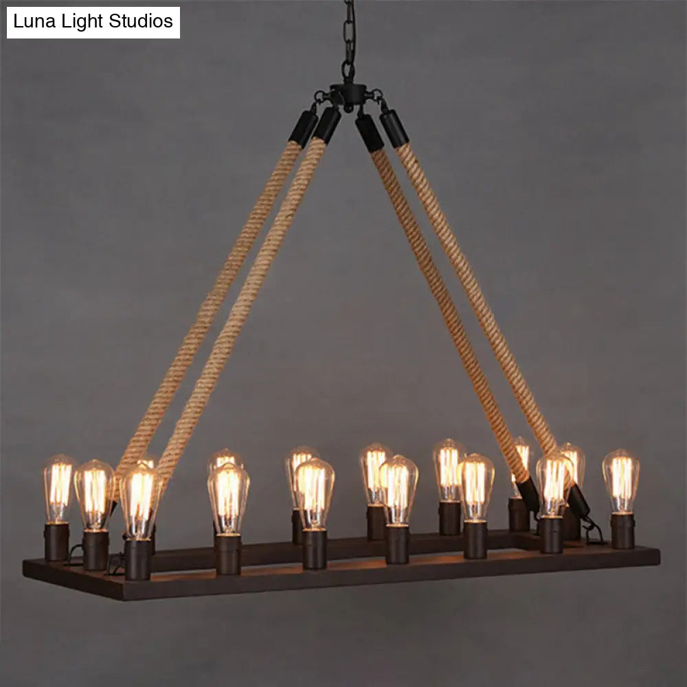 Iron Industrial Chandelier with 16 Rectangular Lights and Hemp Rope in Black for Cafes