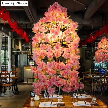 Iron Industrial Chandelier with 3 Lights and Flower Suspension in Pink - Perfect for Restaurants