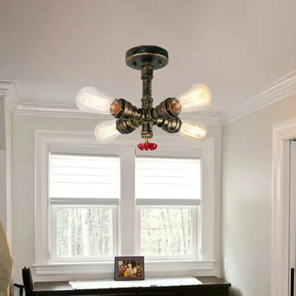 DecorBites™ Iron Industrial-Style 4-Light Bronze Semi Flush Mount with Burst Pipe Foyer Ceiling Design