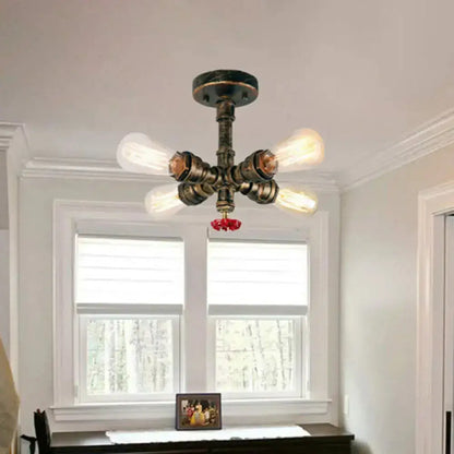 DecorBites™ Iron Industrial-Style 4-Light Bronze Semi Flush Mount with Burst Pipe Foyer Ceiling Design