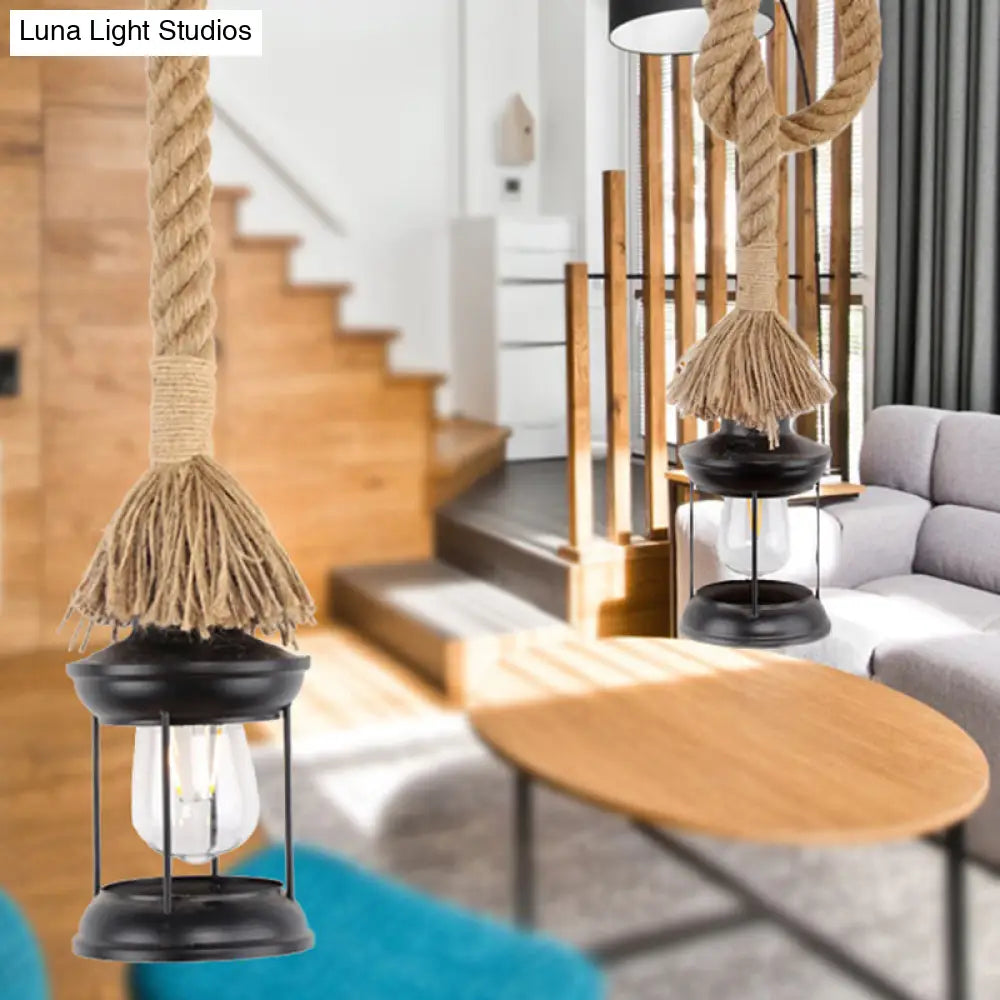 Iron Lantern Shade Pendant Light with Adjustable Rope - Lodge Style 1-Light Suspended Light in Black for Living Rooms