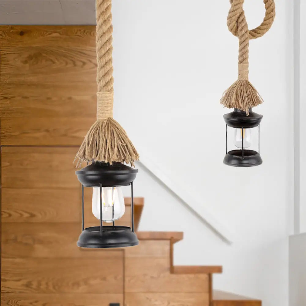 Iron Lantern Shade Pendant Light with Adjustable Rope - Lodge Style 1-Light Suspended Light in Black for Living Rooms