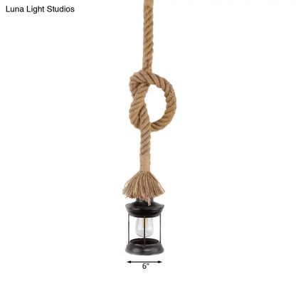 Iron Lantern Shade Pendant Light with Adjustable Rope - Lodge Style 1-Light Suspended Light in Black for Living Rooms