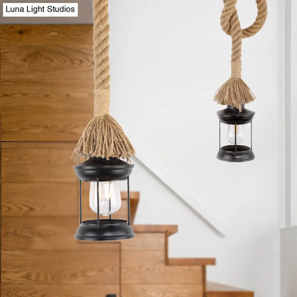 Iron Lantern Shade Pendant Light with Adjustable Rope - Lodge Style 1-Light Suspended Light in Black for Living Rooms