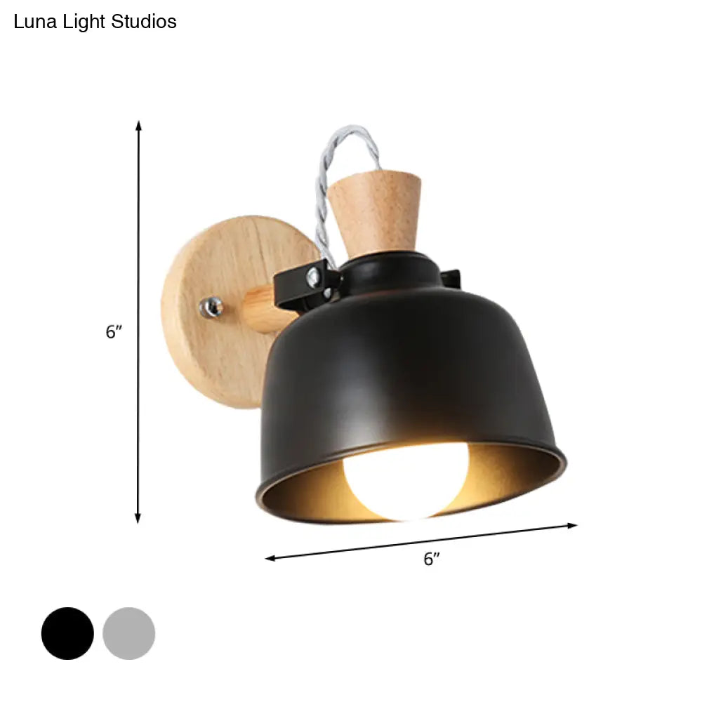 DecorBites™ Iron Macaron Handle Wall Sconce Lamp - Bowl Bedside Light Fixture in Grey/Black with Wood Top