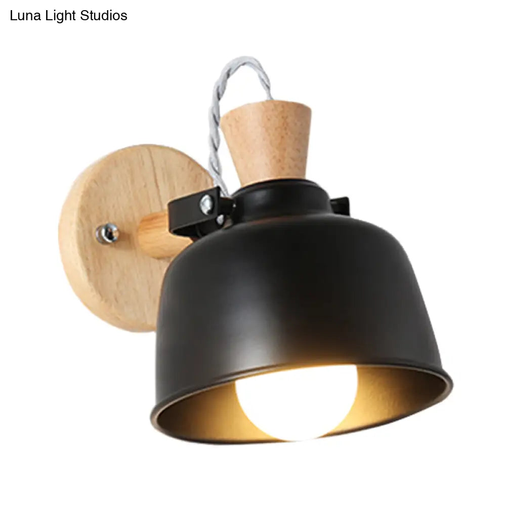 DecorBites™ Iron Macaron Handle Wall Sconce Lamp - Bowl Bedside Light Fixture in Grey/Black with Wood Top