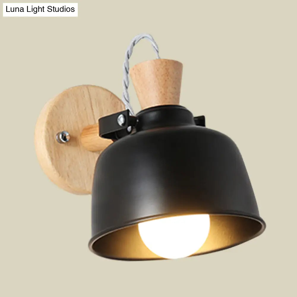 DecorBites™ Iron Macaron Handle Wall Sconce Lamp - Bowl Bedside Light Fixture in Grey/Black with Wood Top