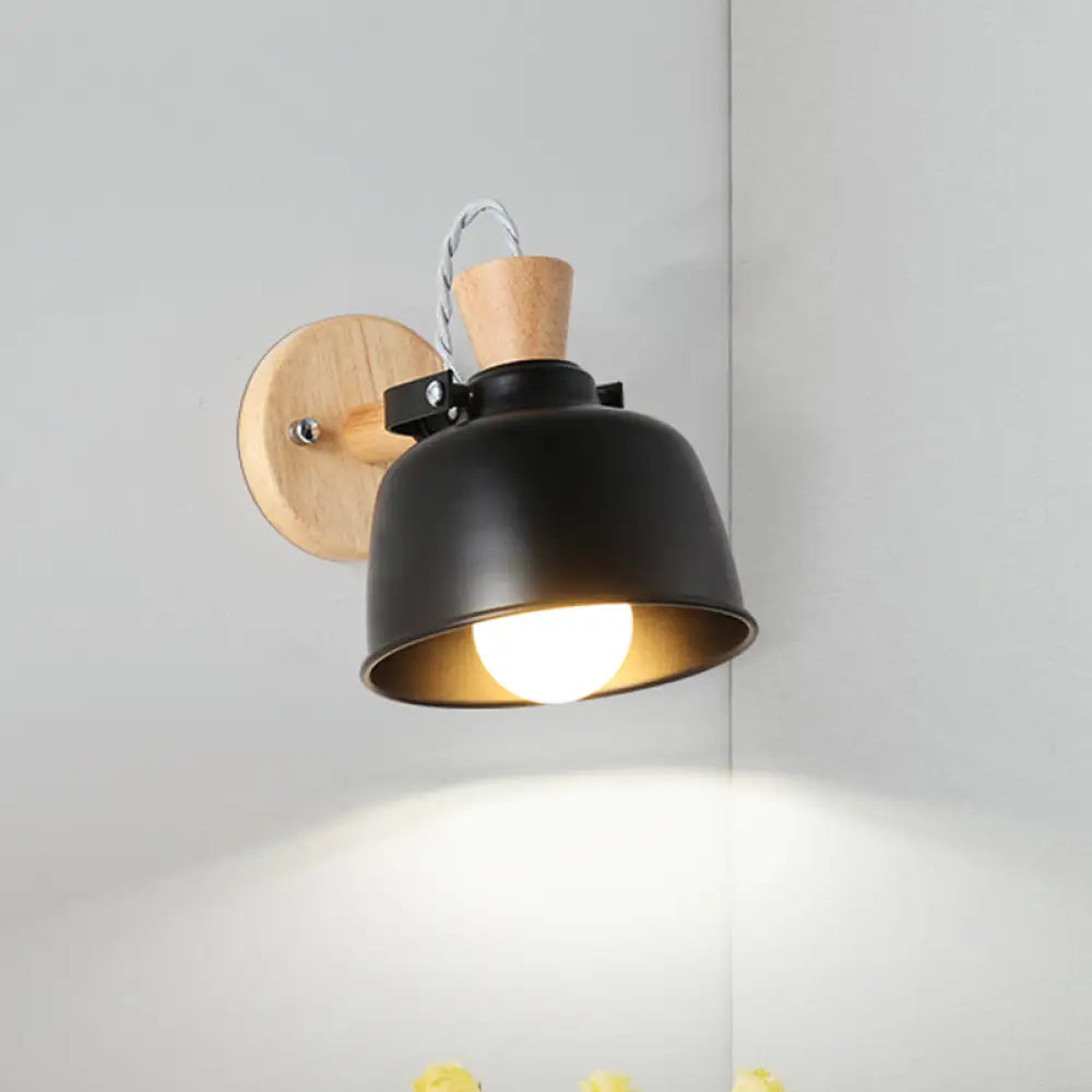DecorBites™ Iron Macaron Handle Wall Sconce Lamp - Bowl Bedside Light Fixture in Grey/Black with Wood Top