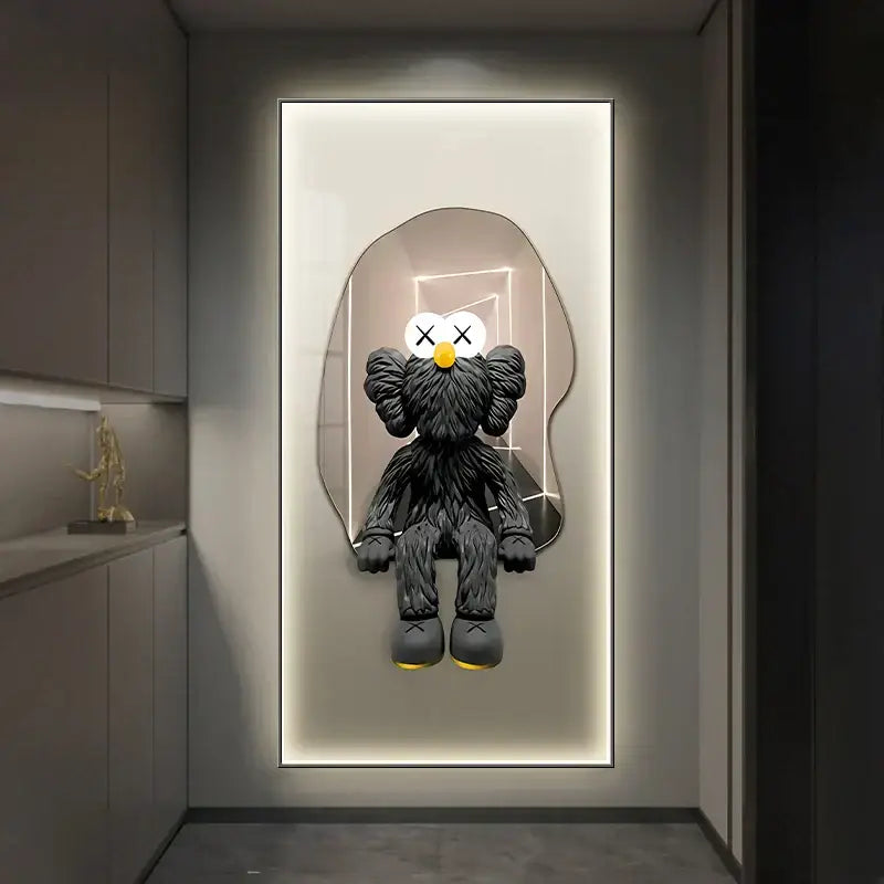 Black kaws-style plush figure with yellow nose and feet textured fur surface iron man metallic bearbrick led wall lamp