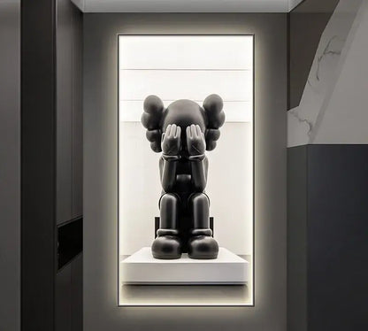 Black kaws companion sculpture with glossy finish seated covering eyes iron man metallic bearbrick led wall lamp decor