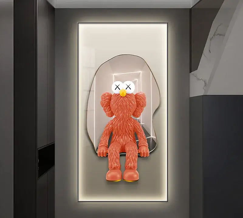 A vibrant orange kaws-style metallic bearbrick led wall lamp with white x-eyes and yellow nose for bedroom decor