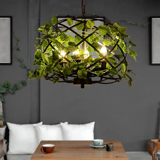 Iron Pendant Ceiling Light with Retro Bird Nest Design and Green Decorative Ivy – Single Suspension Lighting