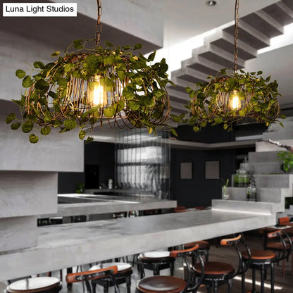 Iron Pendant Ceiling Light with Retro Bird Nest Design and Green Decorative Ivy – Single Suspension Lighting