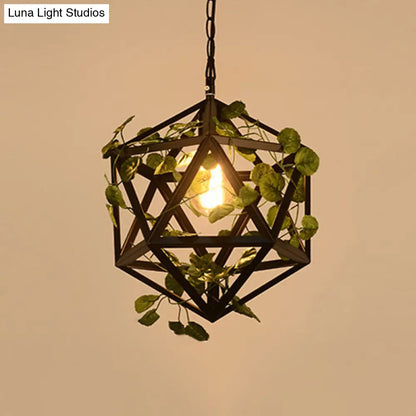 Iron Polyhedron Cage Pendant Light - Antique Single Restaurant Plant Hanging Fixture (Black)